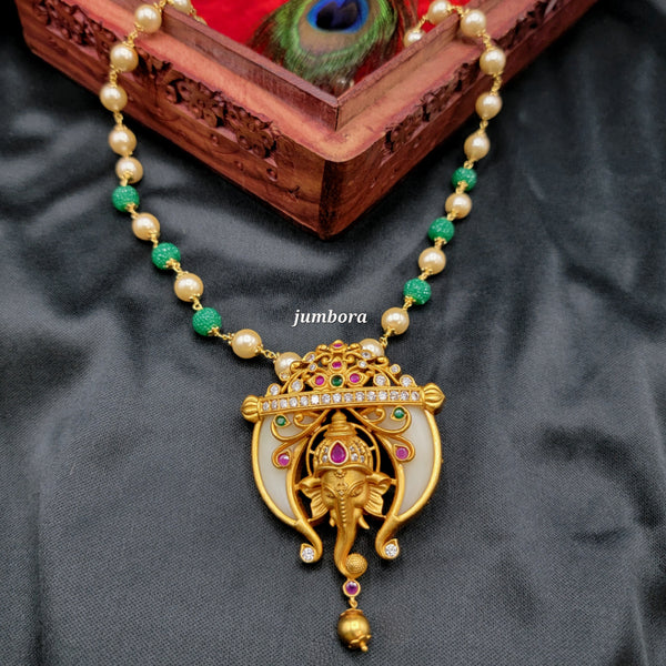 Handmade Ganesha Matte Gold Pearl Mala Necklace