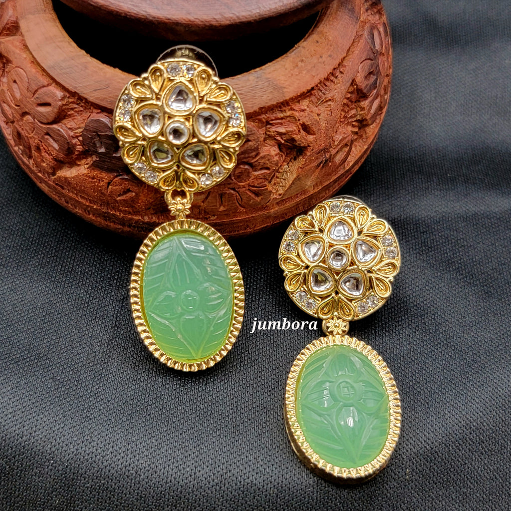 Kundan Mint Green Carved Stone Earring