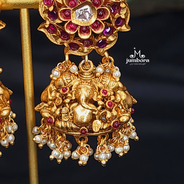 Ganesha Red Gold Big Jhumka Kemp Earring
