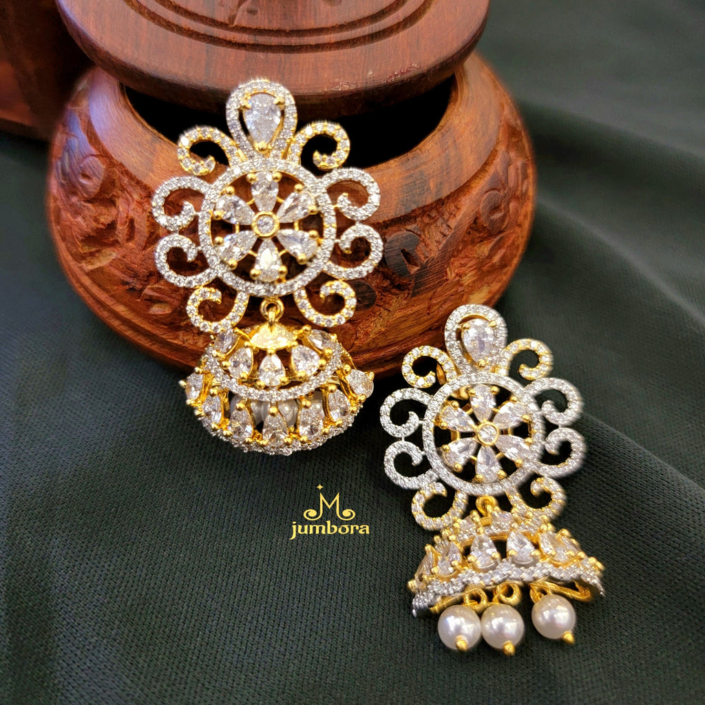 Dual Tone White AD Zircon Jhumks Earring