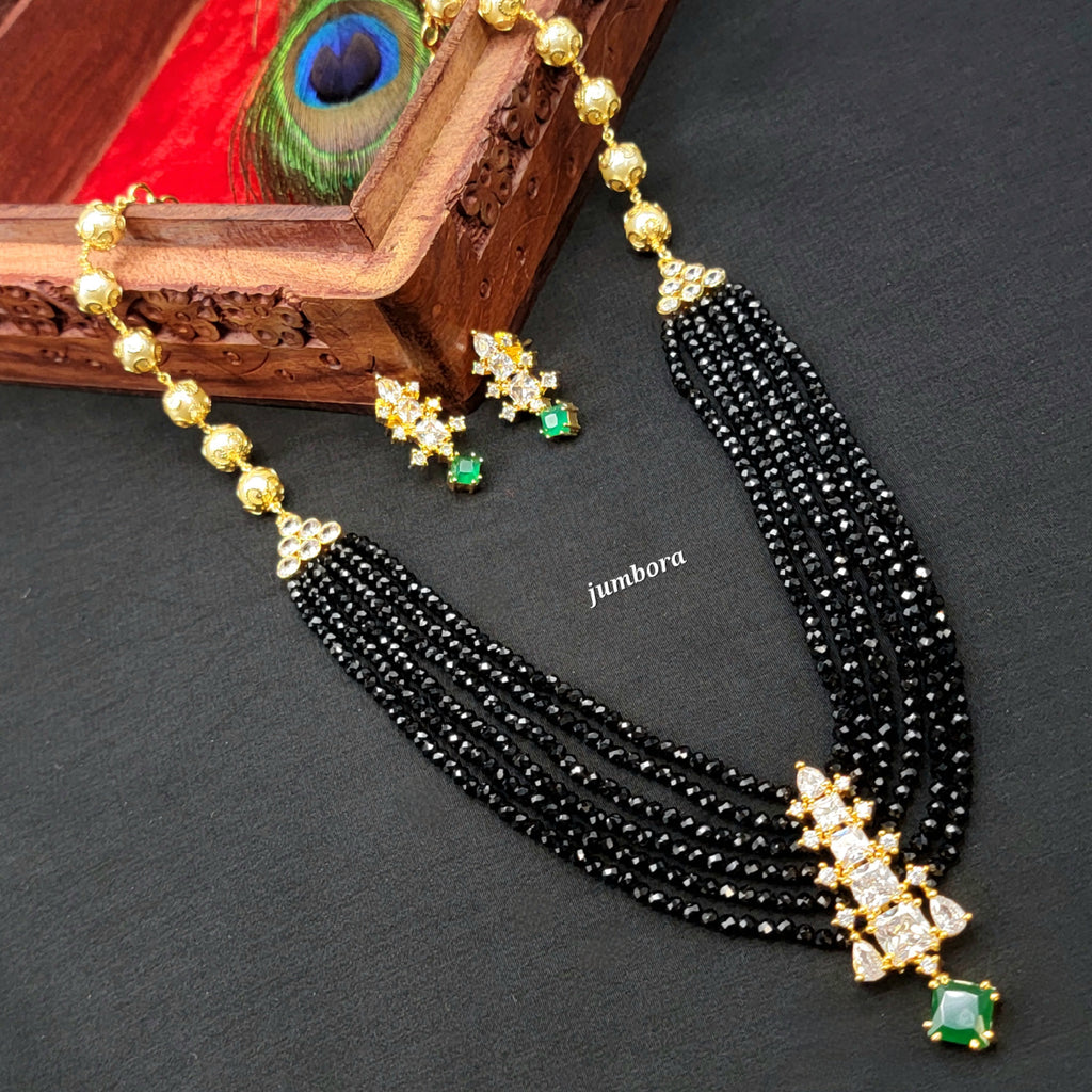 Handmade Black crystal Beads Necklace with White AD pendant set