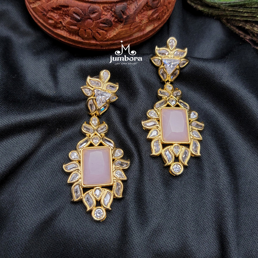 Contemporary Light Pink & White AD Zircon Jhumka Earring