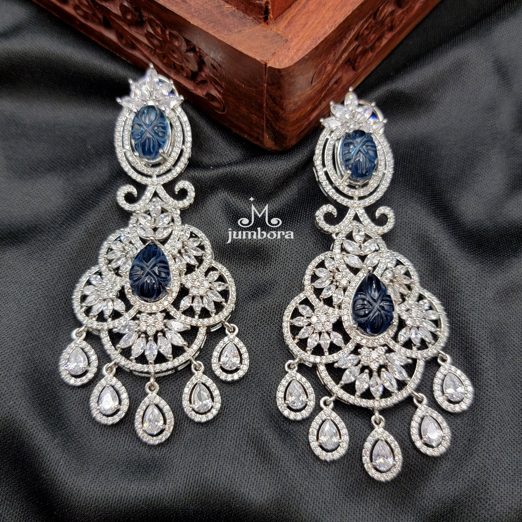 Carved Blue Stone Long White Gold AD Zircon (CZ) Earring