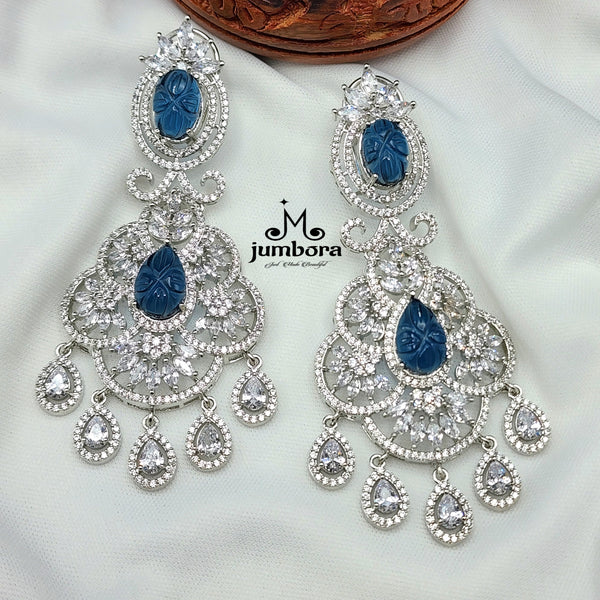 Carved Blue Stone Long White Gold AD Zircon (CZ) Earring