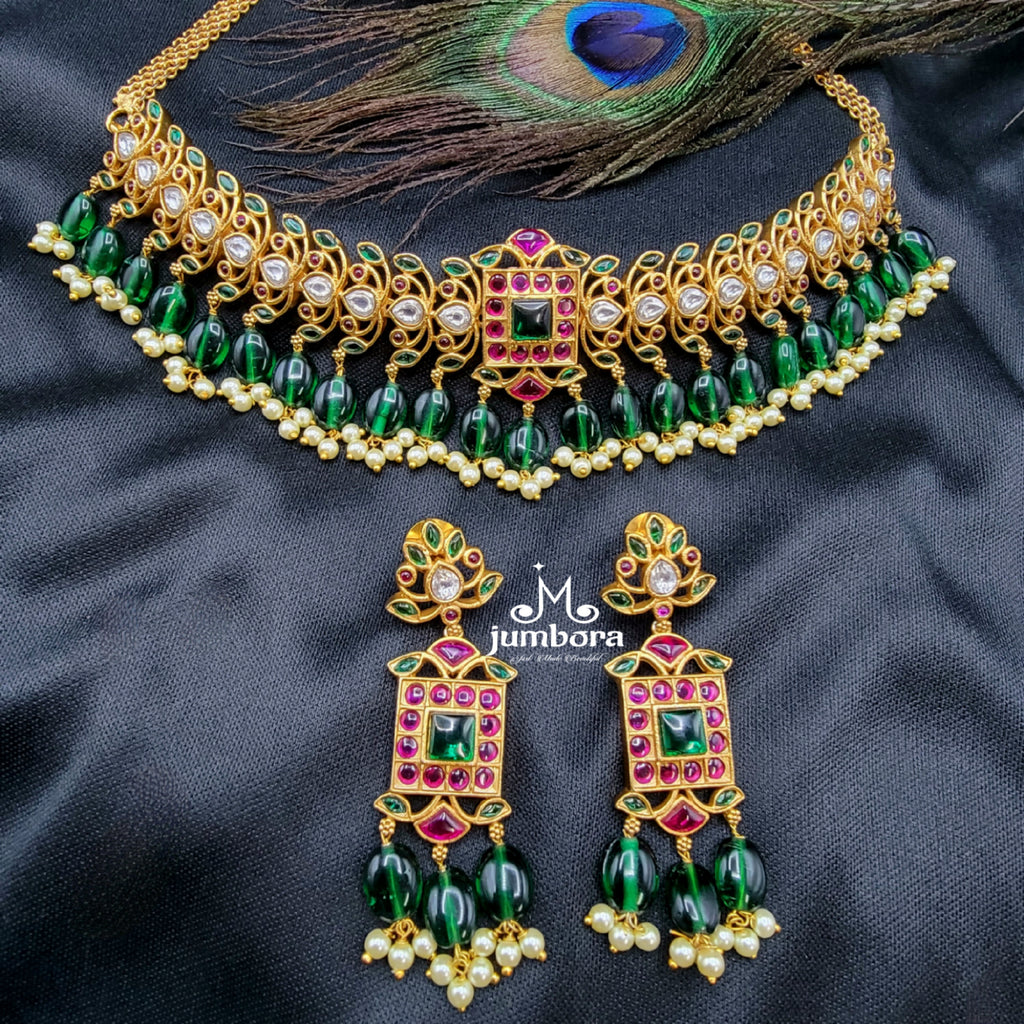 Red & Green Real Kemp Necklace Choker Set