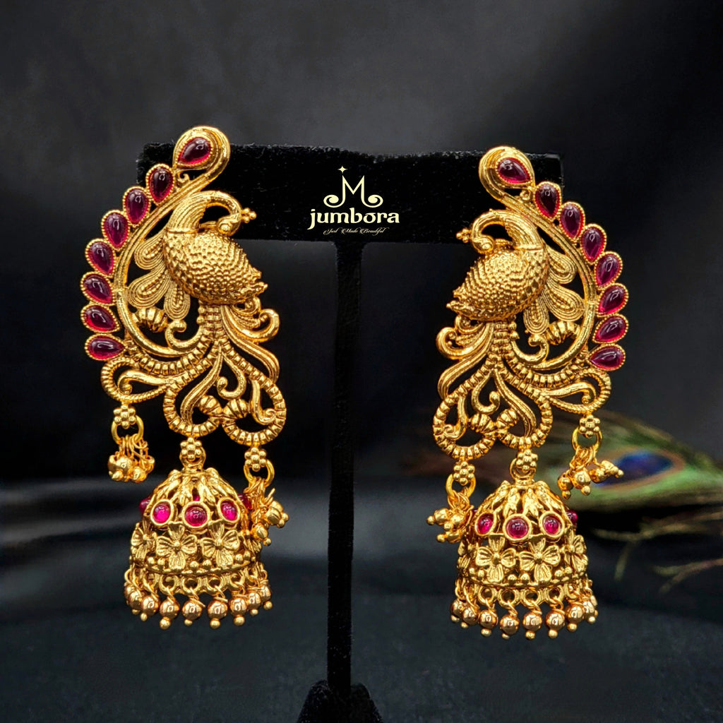 Long Peacock Kemp Jhumka Earring