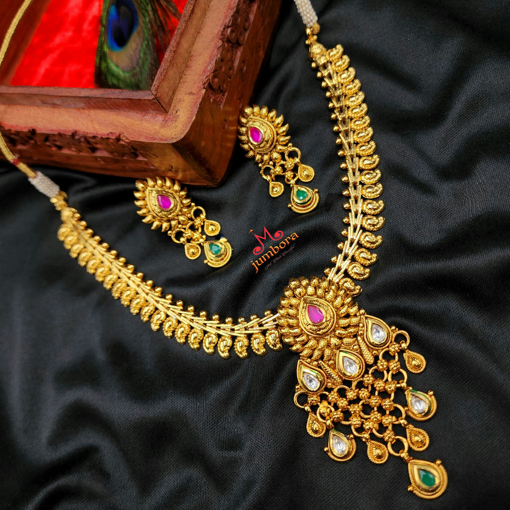 Traditional Antique Gold plated Mango Kundan Necklace Set