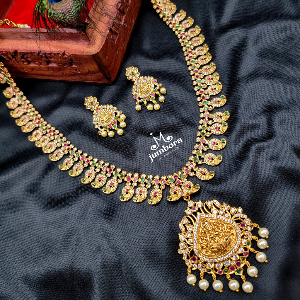 Two-in-one Mango Temple Jewelry Long Lakshmi Necklace Set