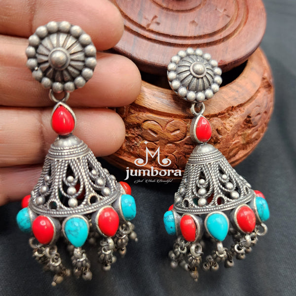 Turquoise & Coral Oxidized German Silver Jhumka Earring