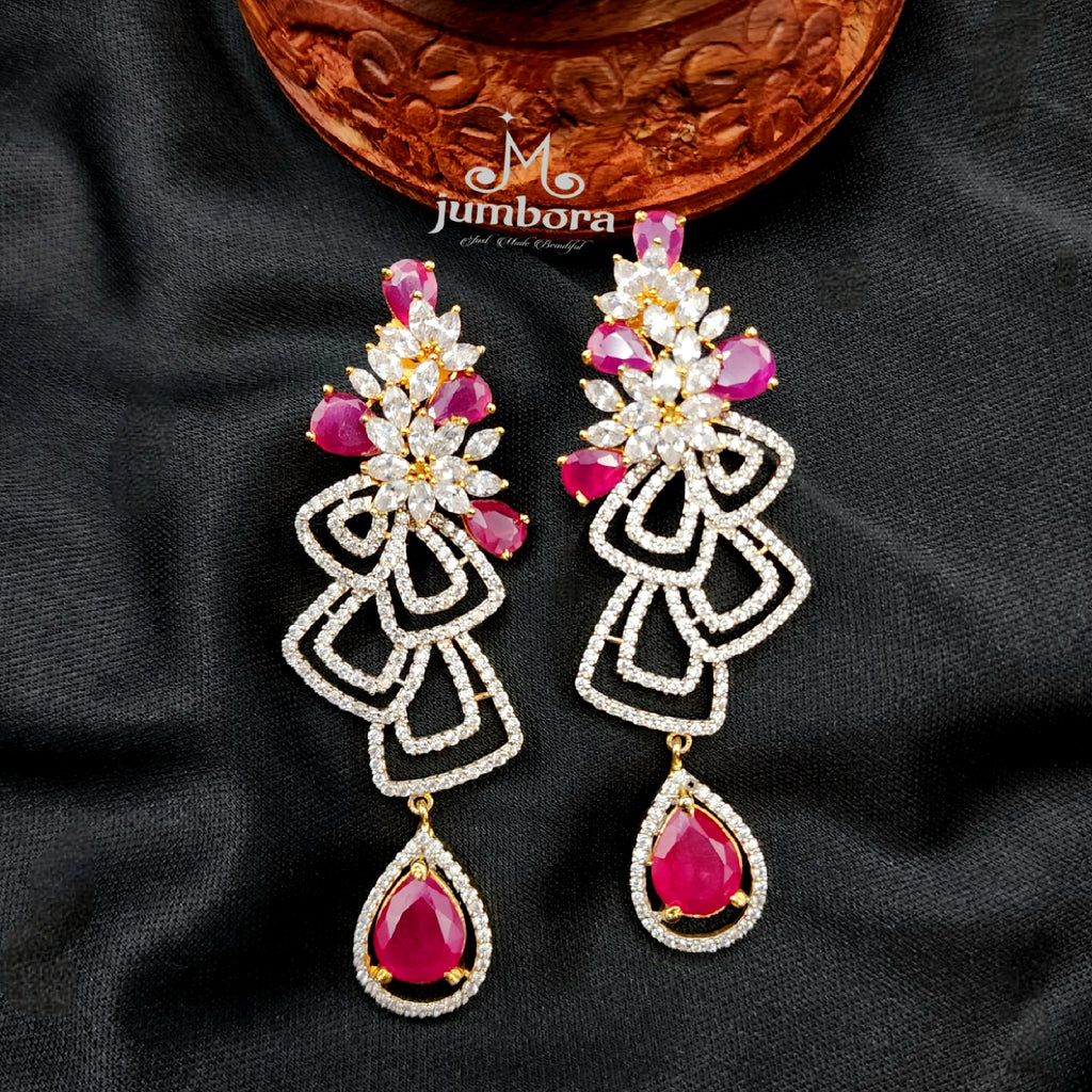 Statement Long Ruby Red & White AD Zircon earring