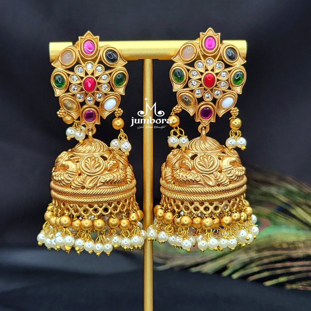 Premium Navaratna Gold Alike Big Nakshi Jhumka Earring