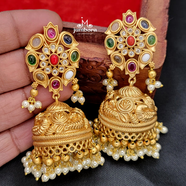 Premium Navaratna Gold Alike Big Nakshi Jhumka Earring