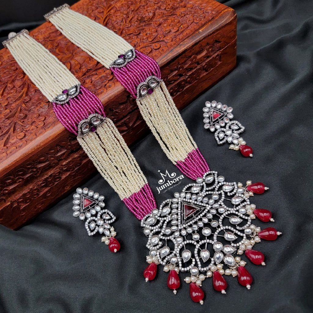 Statement Victorian AD Kundan Pearl & Ruby Hydro beads Mala set