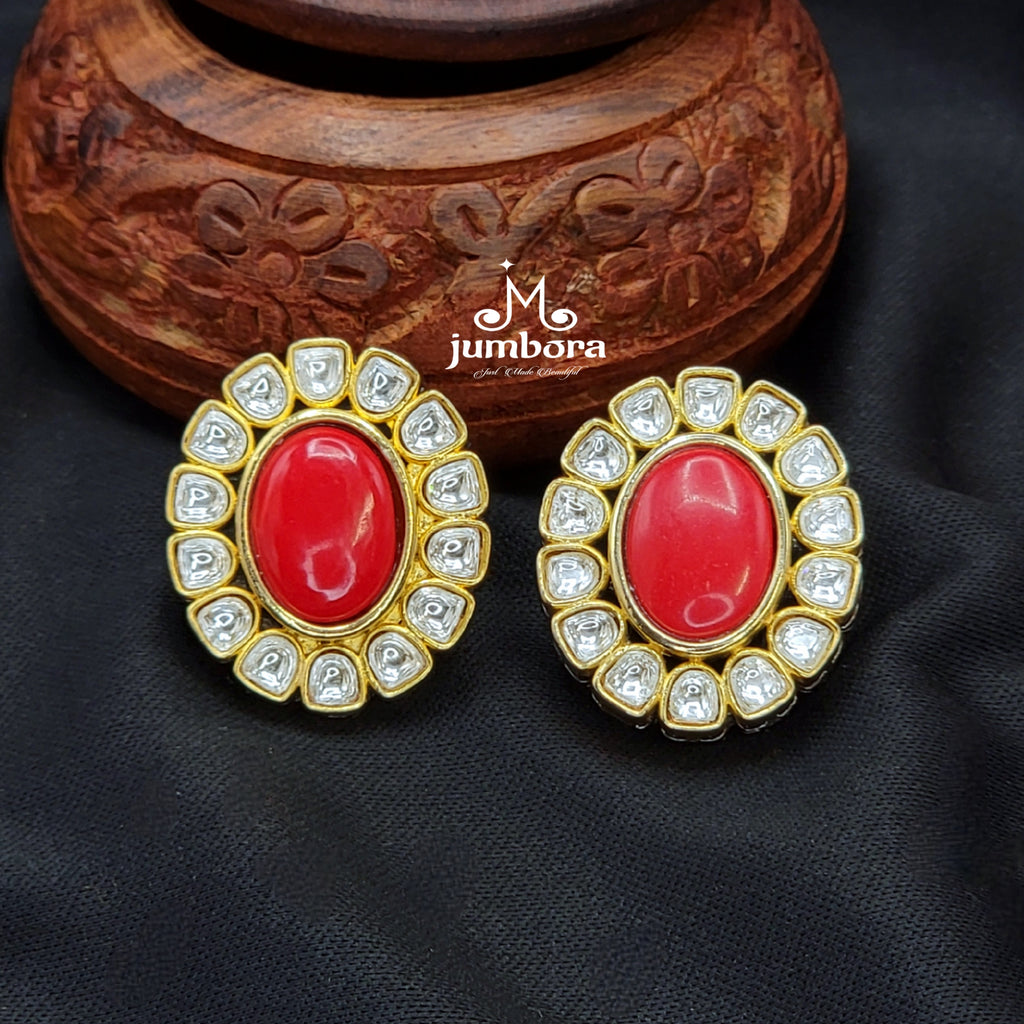 Coral Kundan Victorian Big Stud Earring