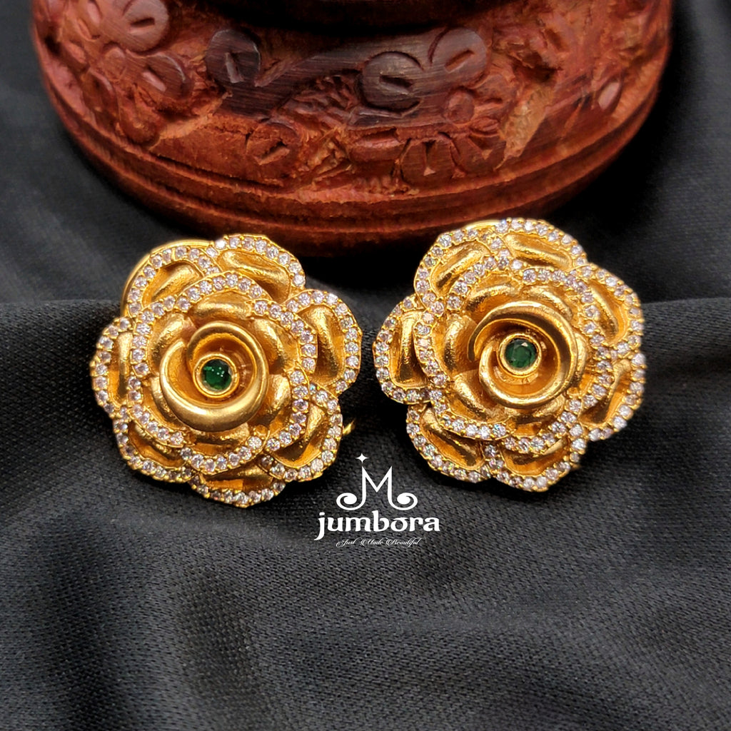Floral Matte Gold White AD stone Stud Earring