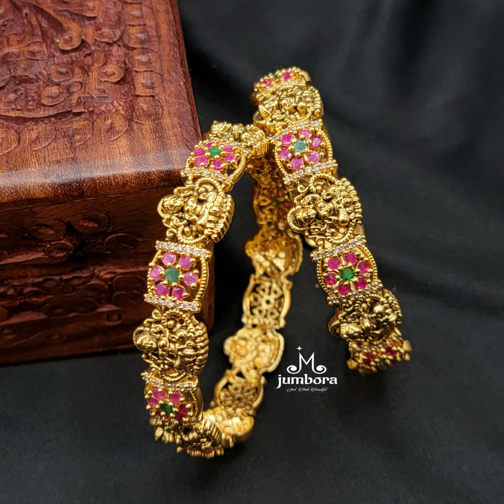 Antique Gold Lakshmi Bangle with Ruby, Green, & White AD Stone