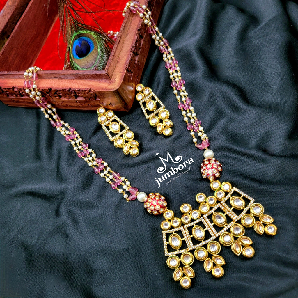 Pink Watermelon Tourmaline, AD & Kundan Necklace set