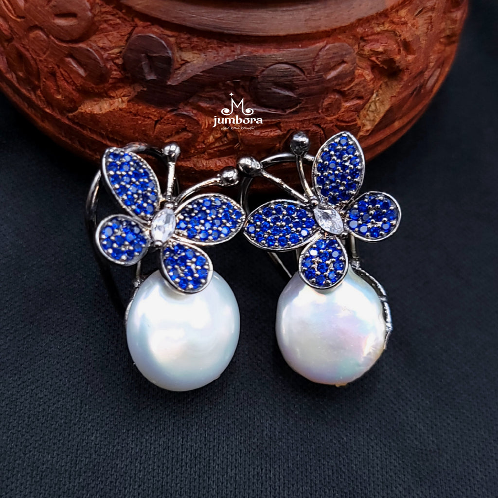 Butterfly Baroque Pearl Blue AD Zircon Victorian (CZ) Earring