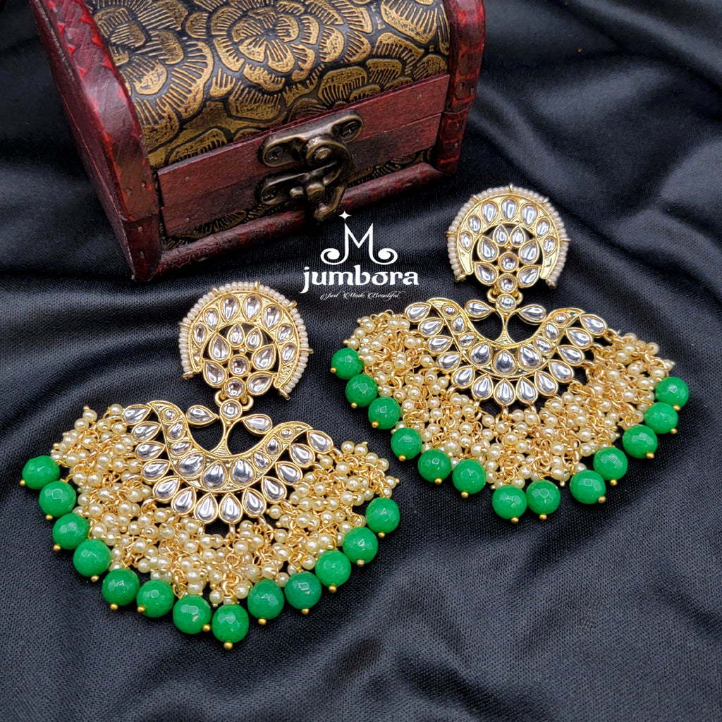 Statement Chand Bali Kundan Earrings with green Bead