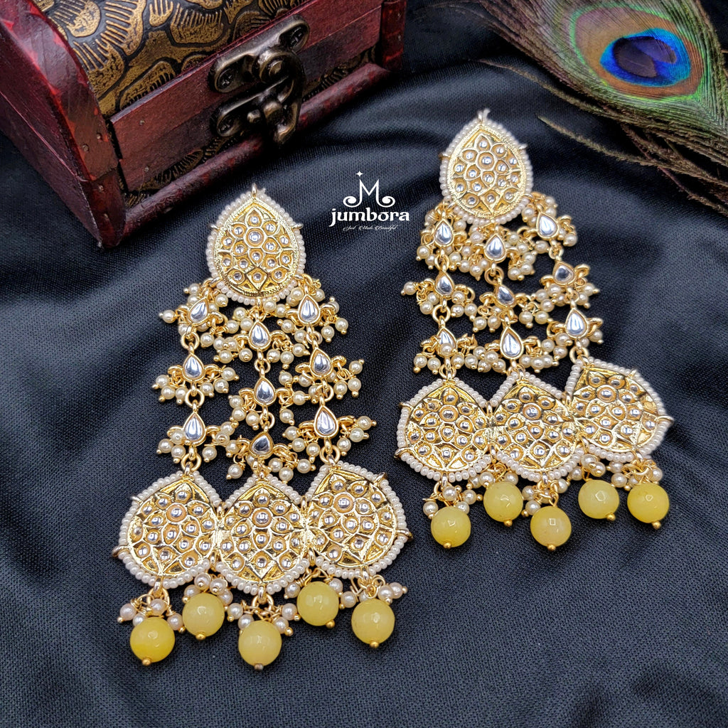 Statement Chandelier Long Kundan Earrings with Yellow Bead