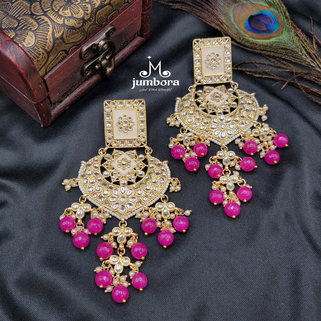 Statement Long Kundan Earrings with Pink Bead