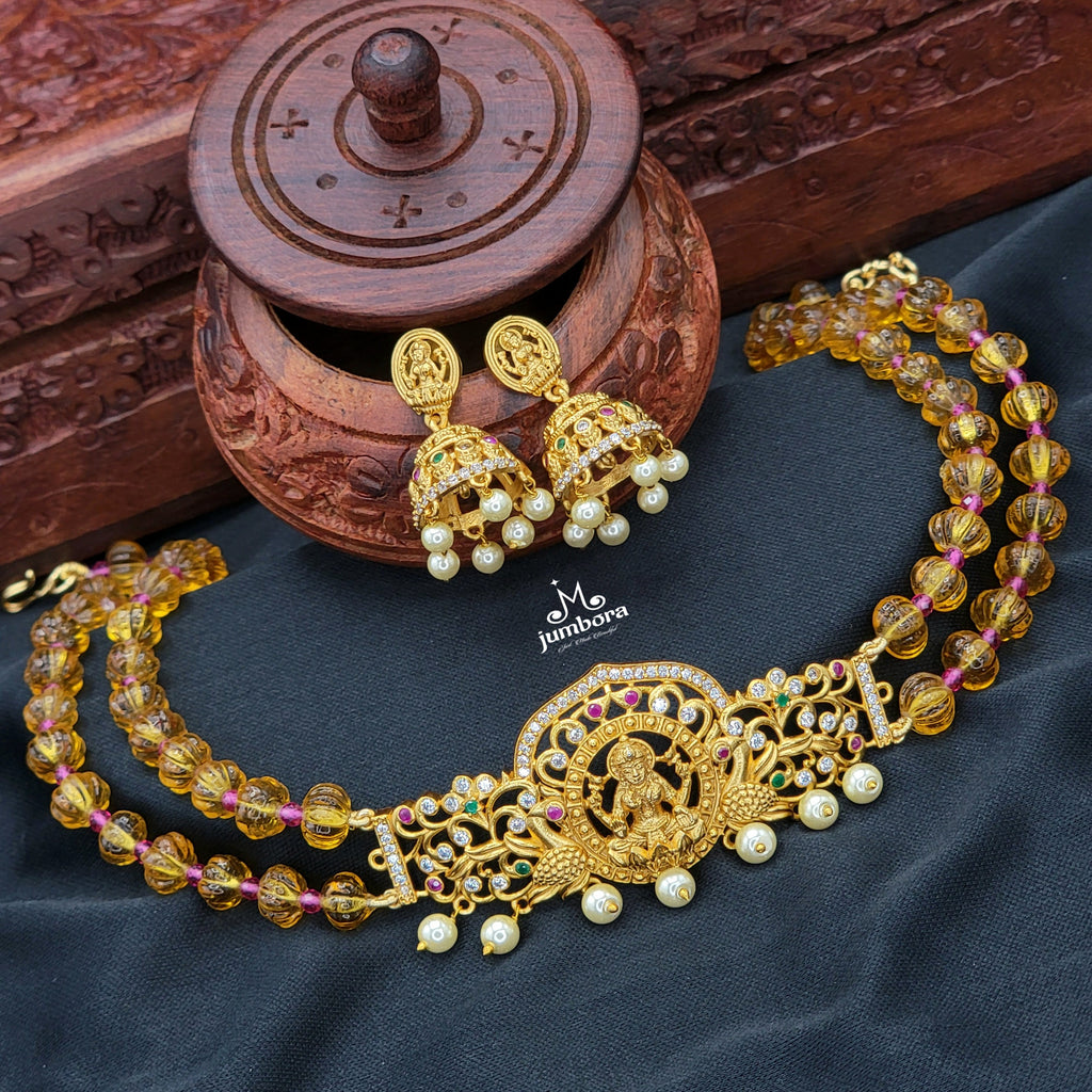 Mustard Yellow Pumpkin Beads Choker Lakshmi Necklace Temple Jewelry Set