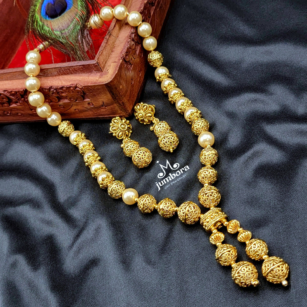 Handmade Gold Ball & Pearl Mala Necklace
