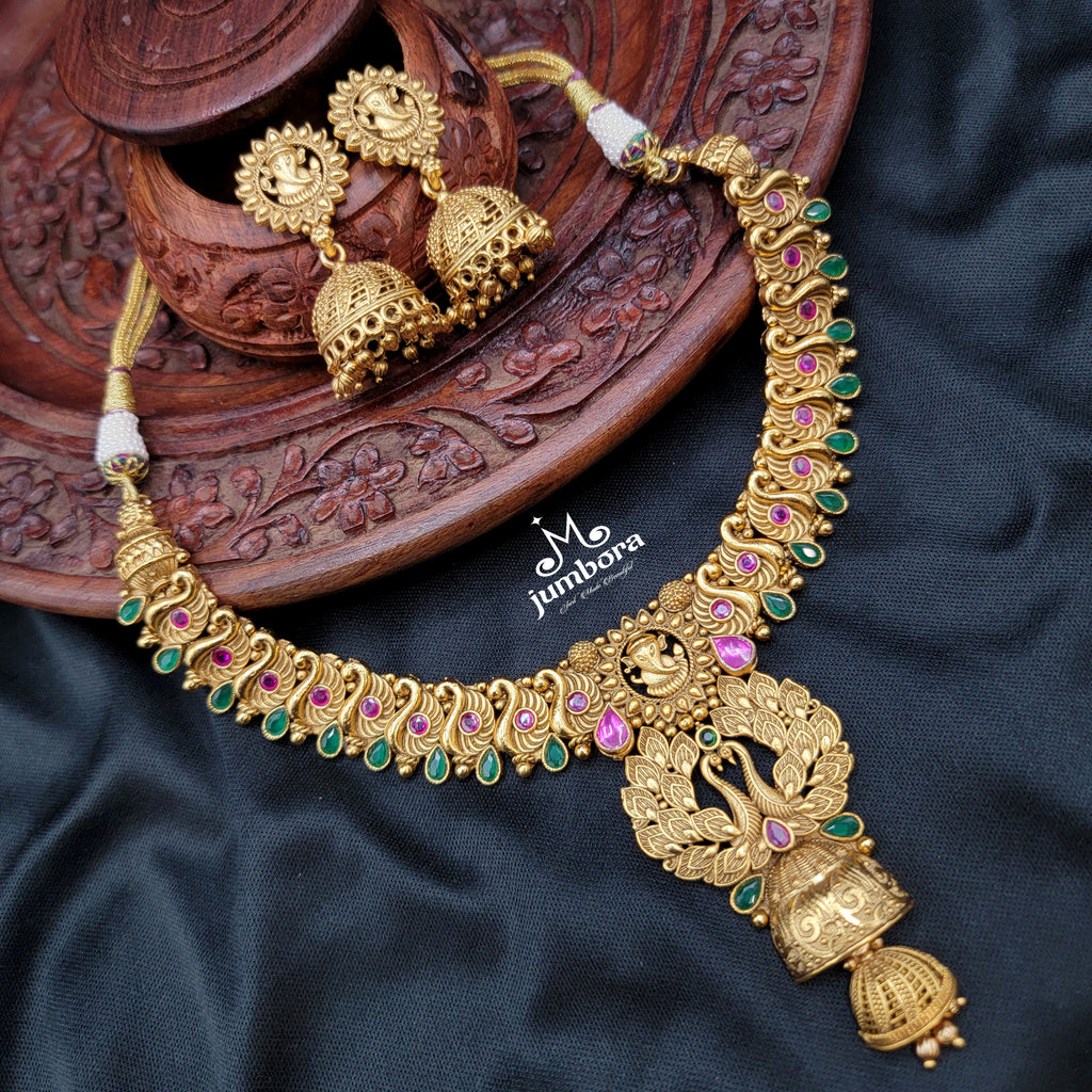 Temple Jewelry Gold Alike Ganesha & Peacock Kemp Necklace set