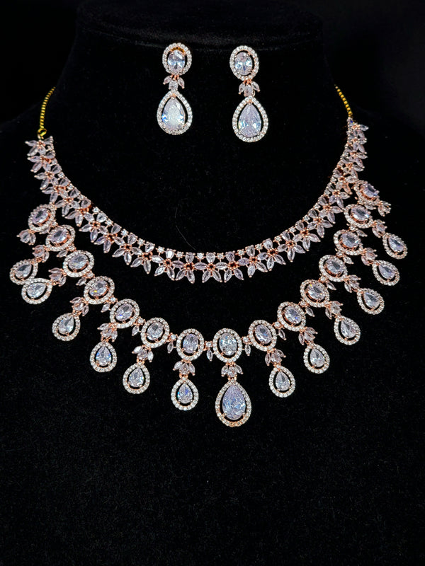 Double Row Rose Gold White AD Zircon Necklace Set