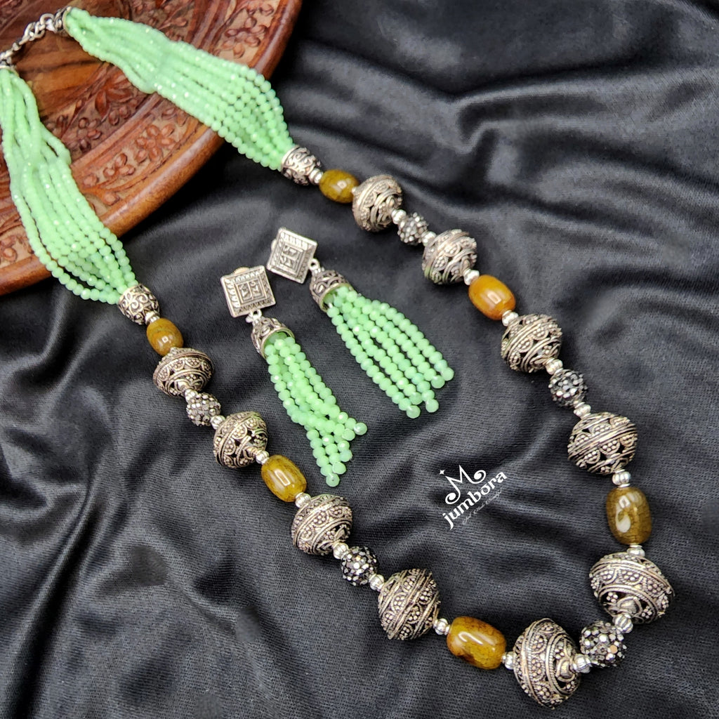 Handmade Mint Green Crystal & Agate Oxidized German Silver Mala Necklace Set