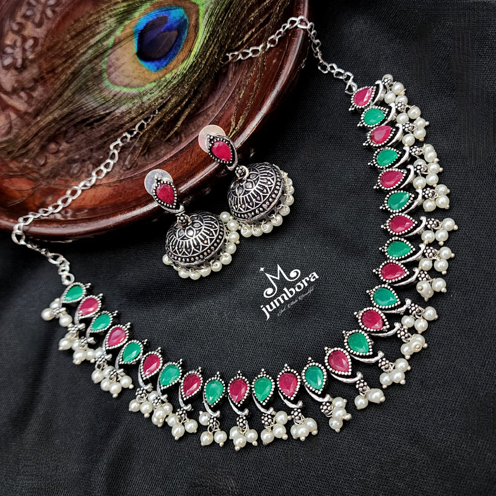 Oxidized German Silver Mango  Red & Green Stone Necklace set