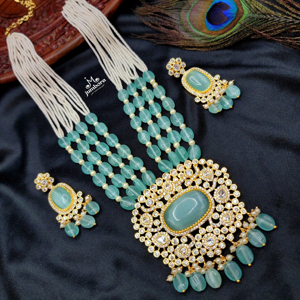 Long Moissanite Big Pendant Mint Green Monalisa Beads & Pearl Mala Necklace Set