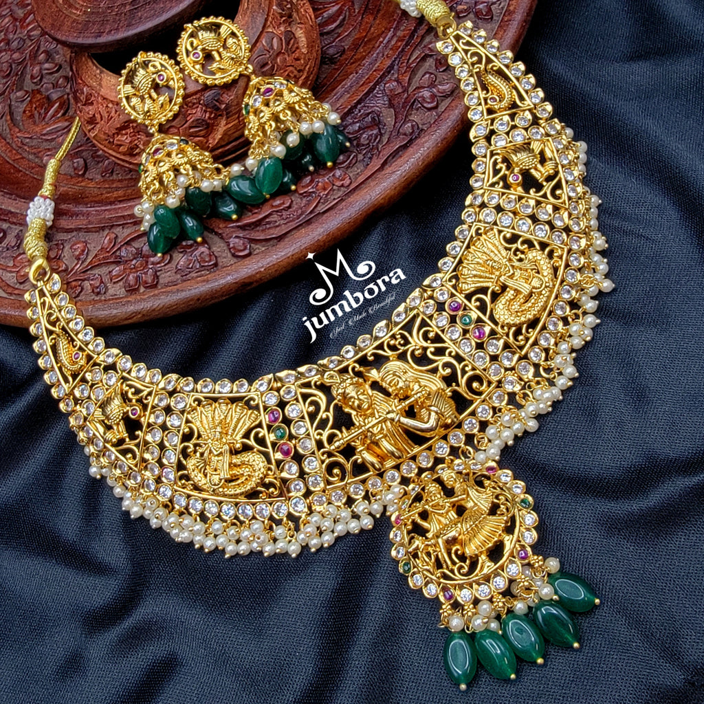 Bridal Brass Nakshi Radha Krishna Necklace Temple Jewelry Set