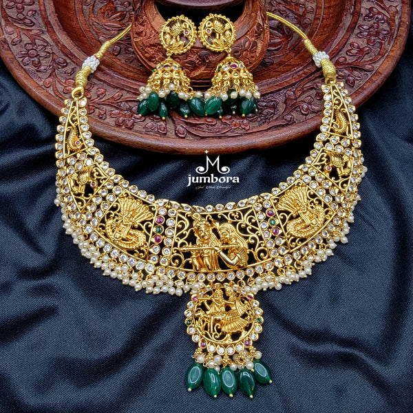 Bridal Brass Nakshi Radha Krishna Necklace Temple Jewelry Set