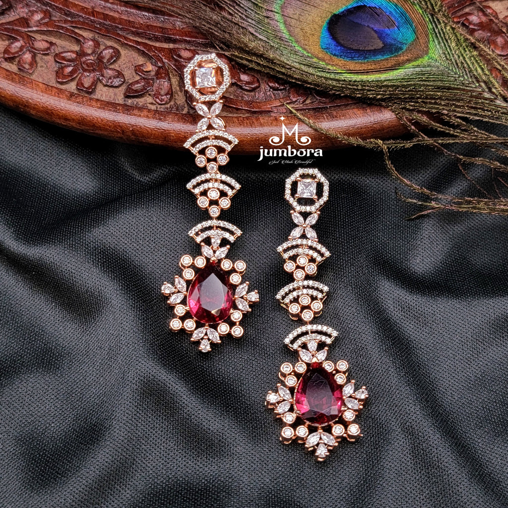 Rosegold Burgandy Red & White AD Zircon Earring