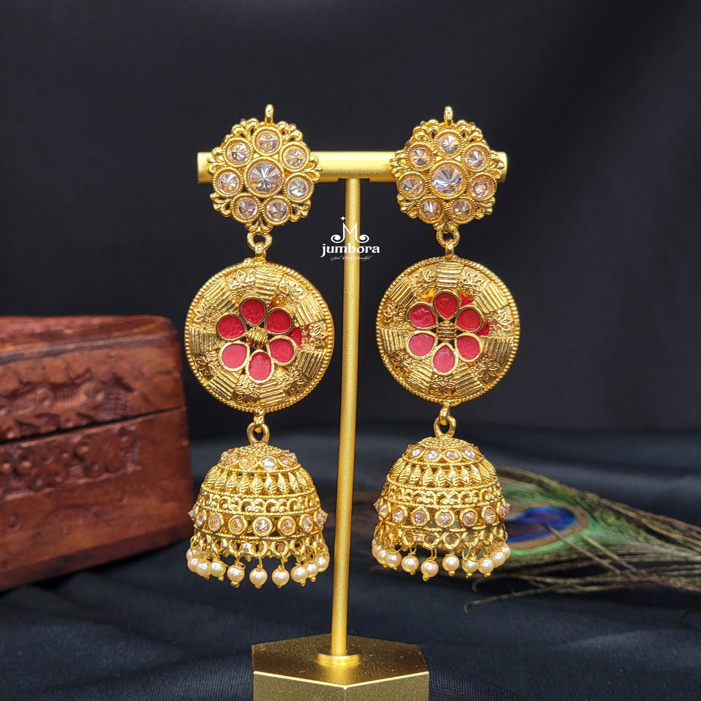 Statement Long Partywear Gold Finish Jhumka Earrings