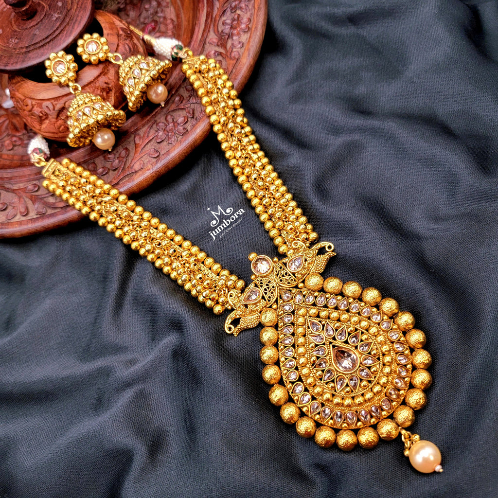 Antique Gold Statement Necklace Set with Gungroo gold beads and LCD Stones