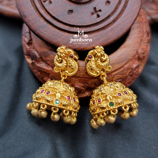 Peacock Matte Gold Temple Jewelry Long Lakshmi Necklace Set
