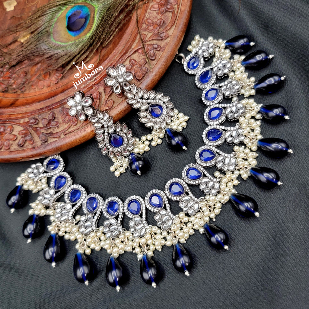 Sapphire Blue AD Zircon Victorian Kundan Monalisa Bridal Necklace