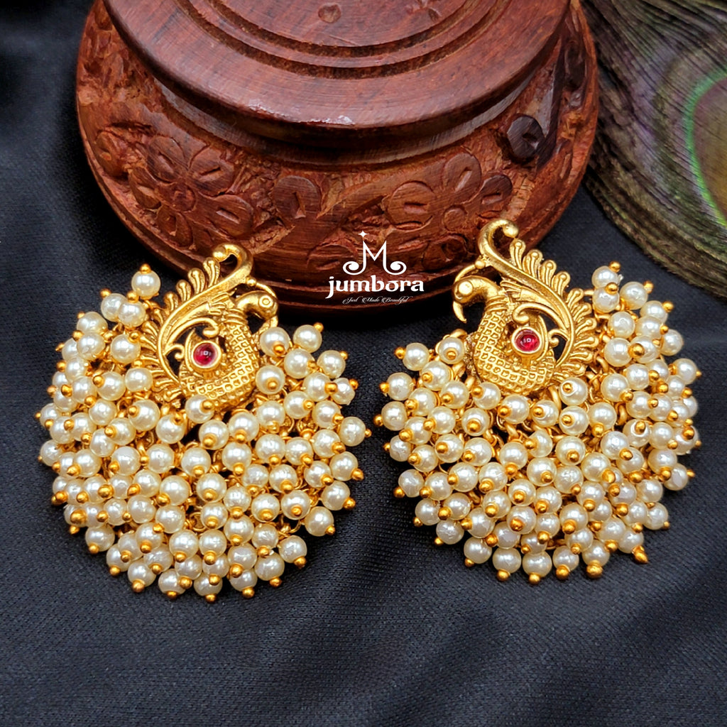 Peacock Kemp Bunch Cluster Pearl Big Stud Earring