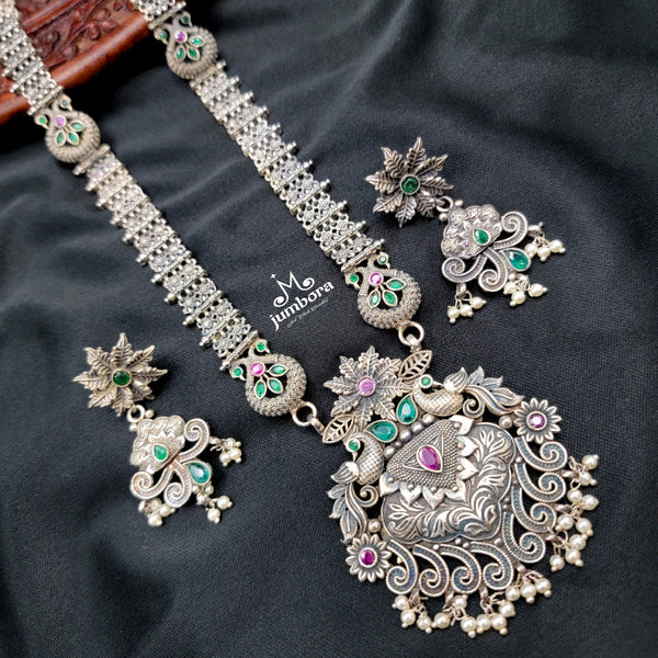 Silver Look Alike Long Oxidized German Silver Necklace Set