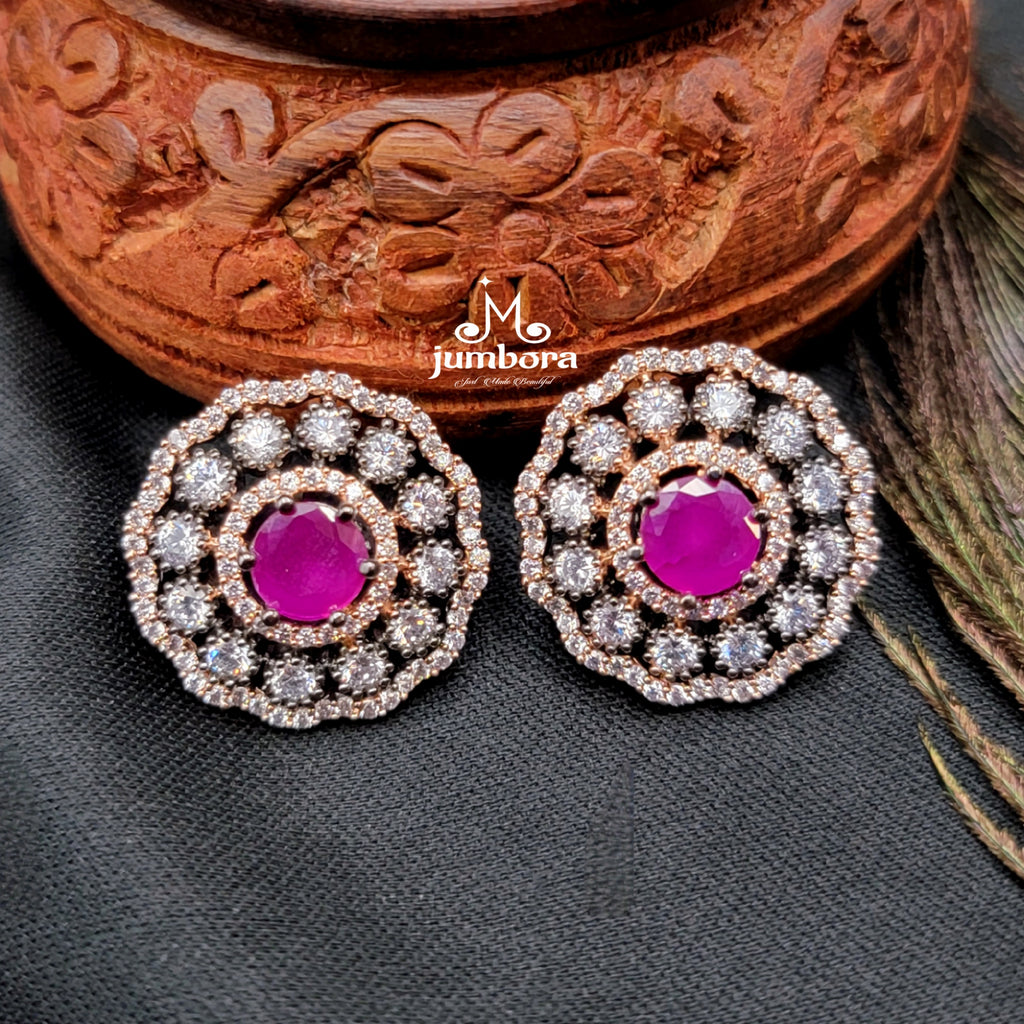 Ruby Red & White Victorian Rose Gold AD Zircon Stud Earring