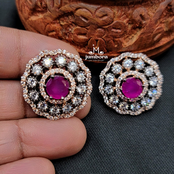 Ruby Red & White Victorian Rose Gold AD Zircon Stud Earring