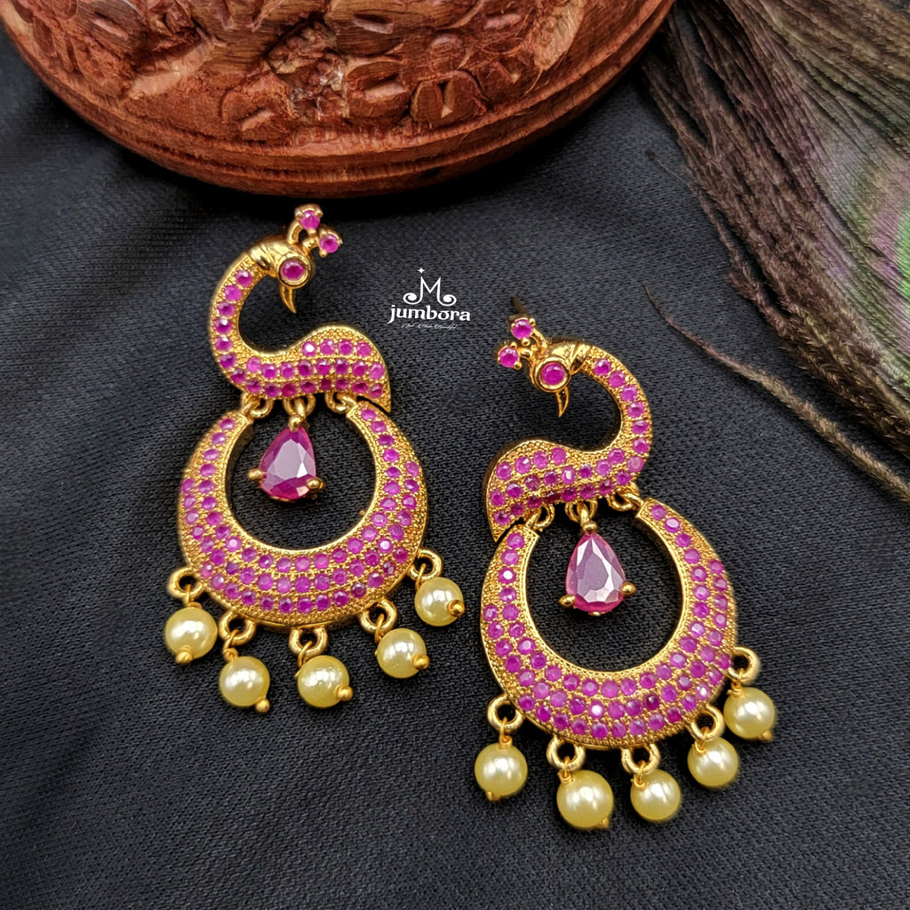Ruby Red Peacock AD Zircon Gold Finish Earring