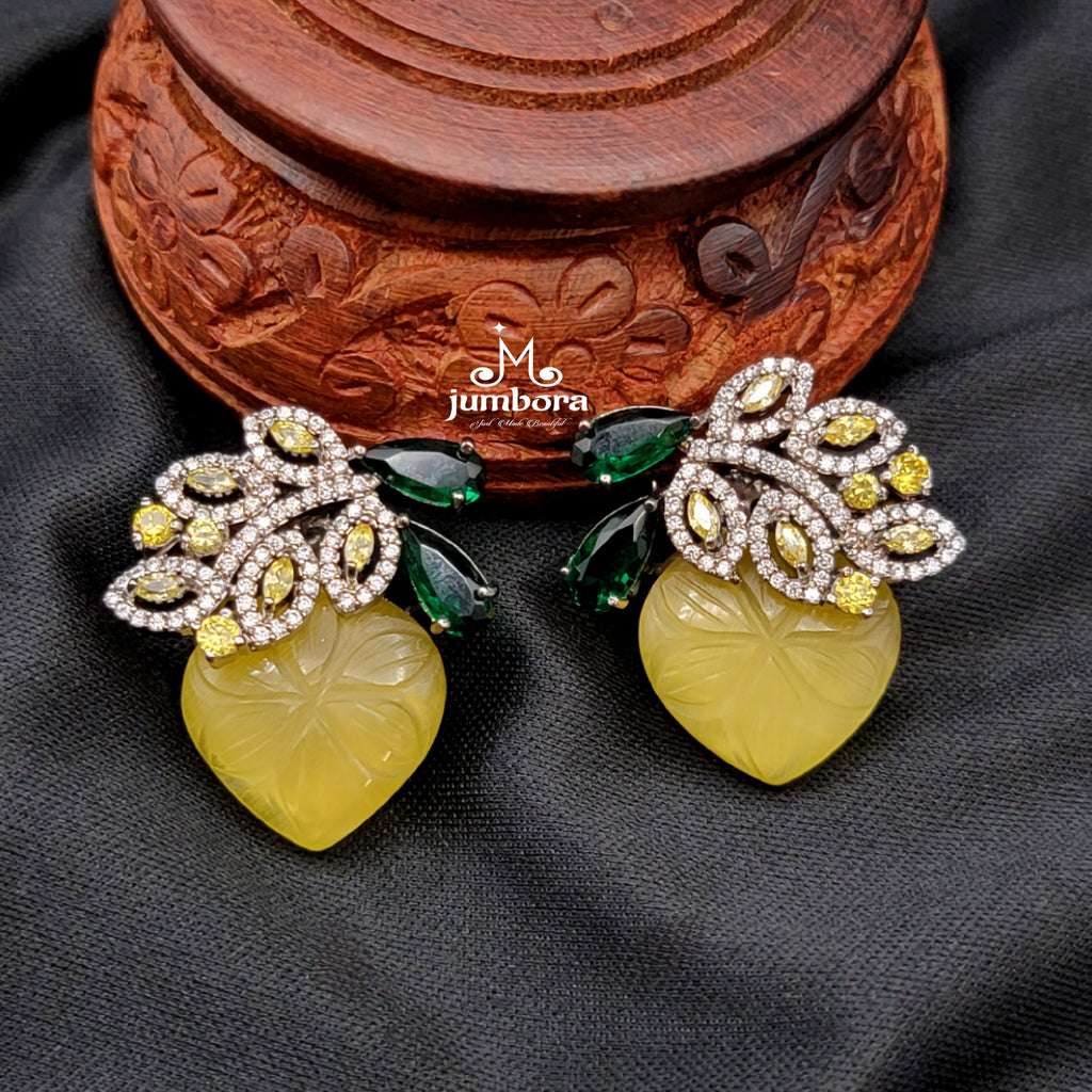 Yellow Carved Stone Victorian AD Zircon Stud Earring