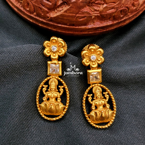 Temple Jewelry Matte Gold White AD Zircon Stone Lakshmi Necklace