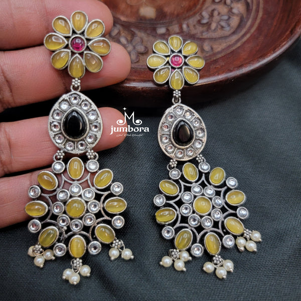 Amrapali Inspired Long Yellow & Black stone Oxidized German Silver Earring