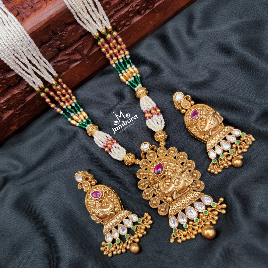 Rajwadi Ganesha Paachi Kundan Pearl & Red Green Hydro beads Mala set