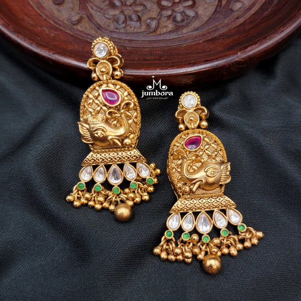 Rajwadi Ganesha Paachi Kundan Pearl & Red Green Hydro beads Mala set