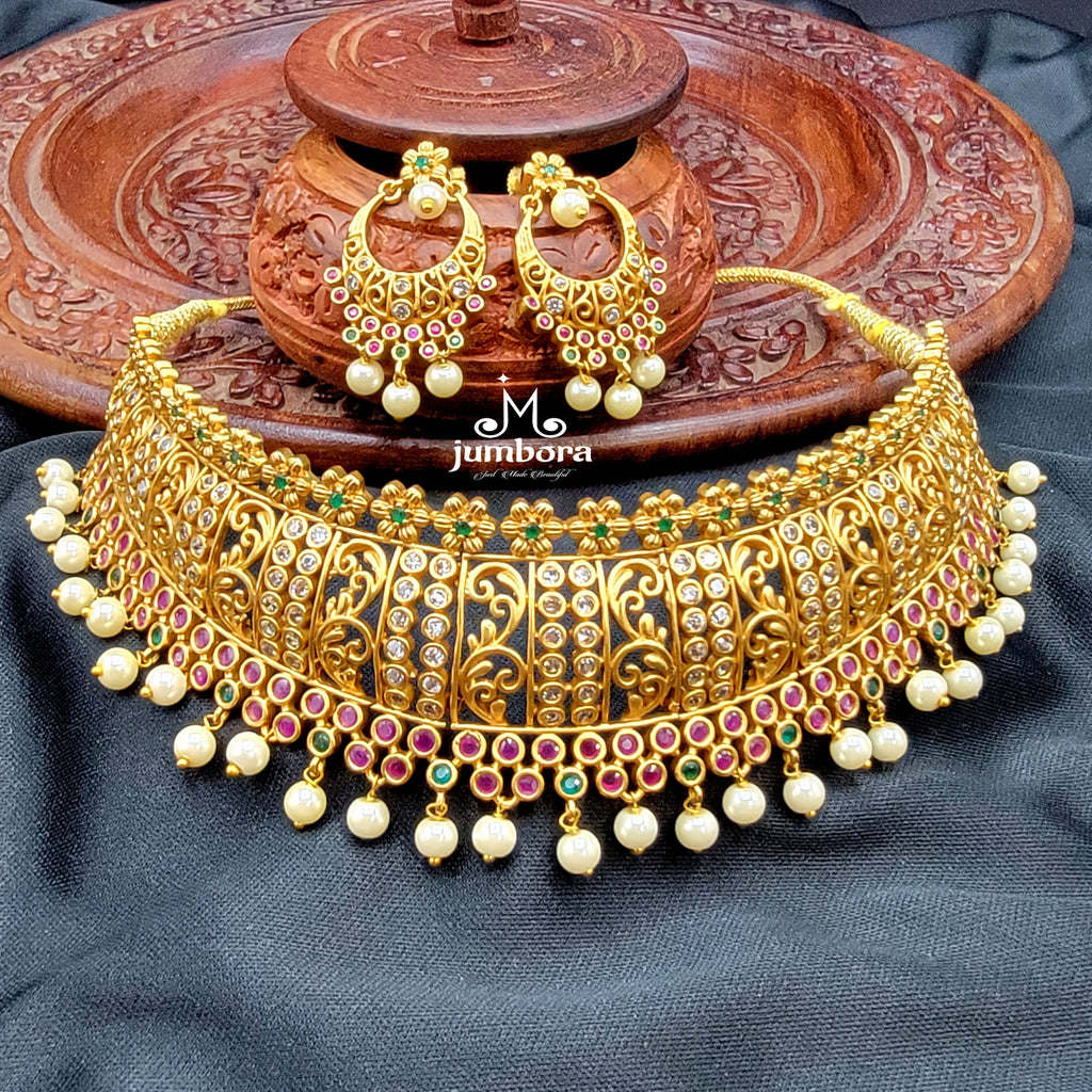 Statement Matte Gold Choker Style Necklace set Jumbora